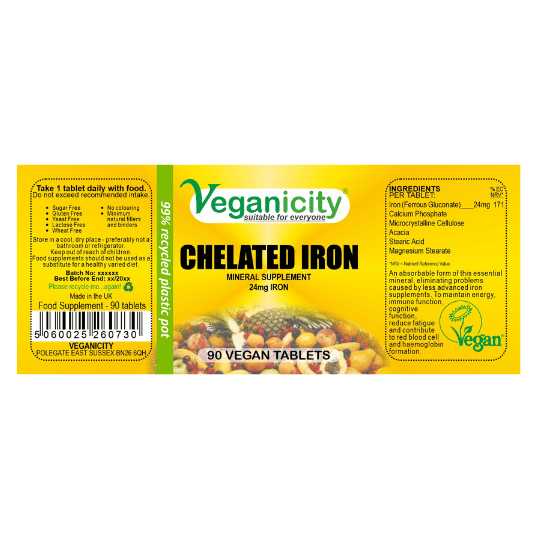 VEGANICITY CHELATED IRON : Mineral Supplement : 90 Tablets £10.75