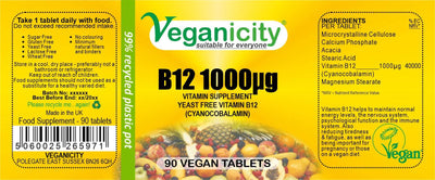 Vegan vitamin B12 1000 supplement label and ingredients