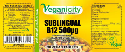 vegan vitamin vegan b12 sublingual 500 mcg supplement label