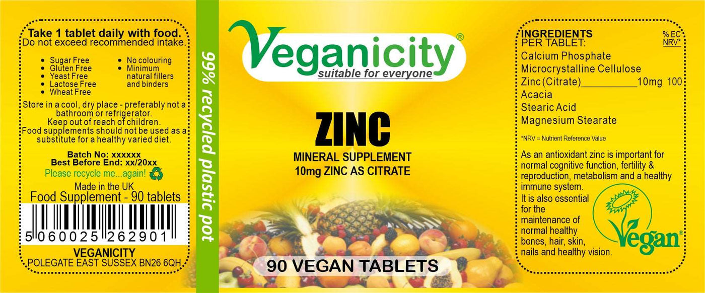 Vegan Zinc Tablets Mineral Supplement Ingredients and Nutrition Label
